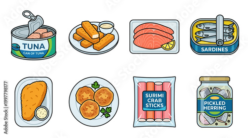 Various cartoon seafood products are illustrated, featuring canned goods, fresh fish fillets, fried items, and processed options for a diverse collection.