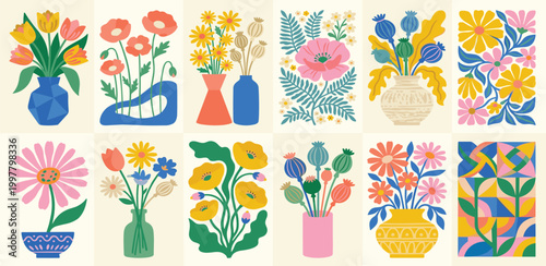 Vibrant Collection of Colorful Floral Arrangements in Various Modern Abstract Vases and Geometric Designs