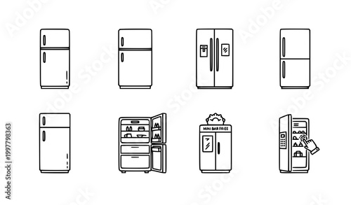 Modern Line Art Fridge Vector Icons Pack for Web UI Kitchen Appliance Illustration Set Isolated on White Background