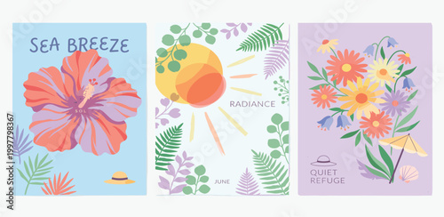 Vibrant summer floral illustrations collection for cards or posters, featuring hibiscus, sun, and wildflowers in a refreshing style