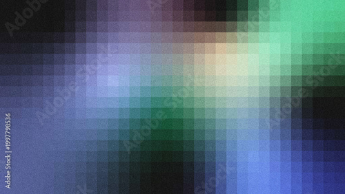 Fotografie Abstract grainy gradient grid background with smooth color transitions in blue, green, purple, and neutral tones, featuring a textured, retro noise effect