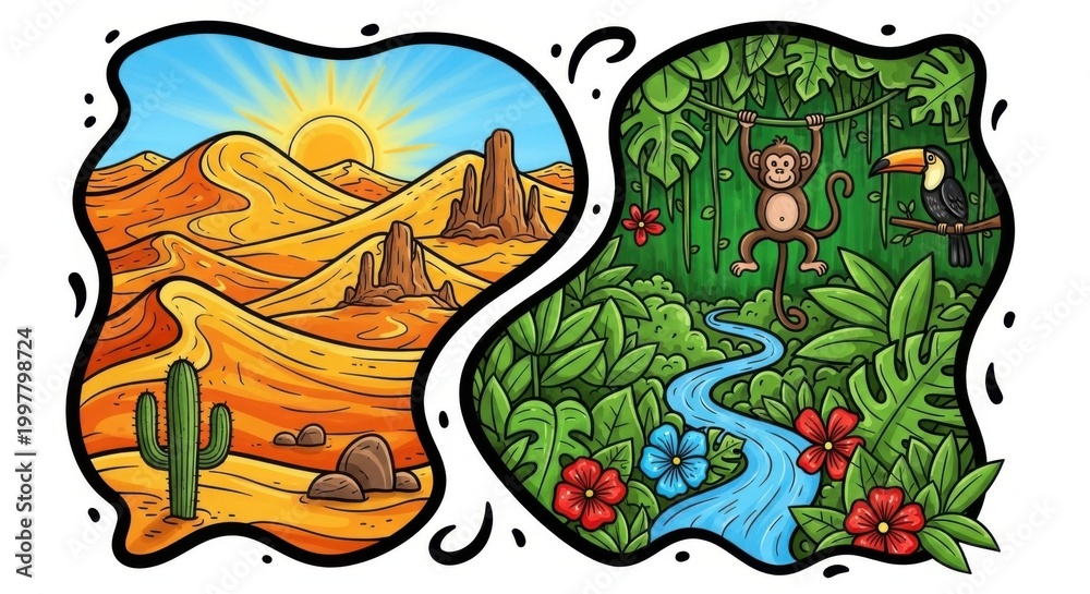 Fototapeta premium Vibrant Contrast of Desert and Jungle Landscapes in Cartoon Style