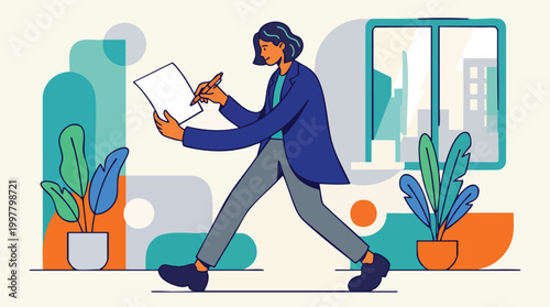 Agile female project manager executing strategic tasks in a dynamic modern workspace illustration