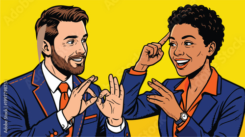 Diverse corporate professionals achieving strategic alignment and breakthrough innovation in vibrant pop art style