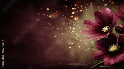 Burgundy Cosmos Flowers with Golden Bokeh Background