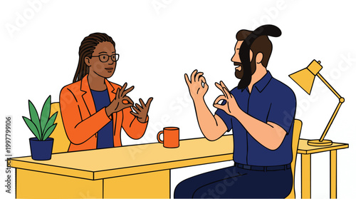Diverse professionals using American Sign Language for inclusive corporate communication and DEI workplace representation
