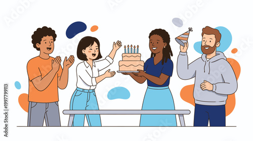 Joyful Group of Friends Celebrating Friendship Day with Birthday Cake and Colorful Decorations