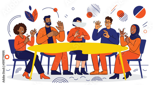Diverse professionals fostering an inclusive workplace culture through accessible communication and sign language at a collaborative strategy meeting