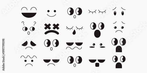 Collection of various emoticon faces and expressions in black on light gray background