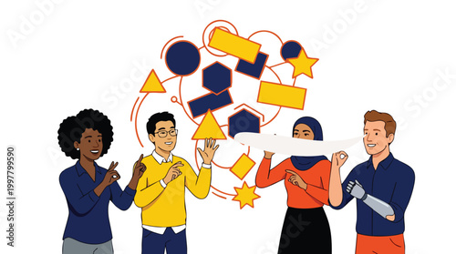 Inclusive B2B Creative Team Collaborating on Complex Strategic Problem Solving and Data Visualization