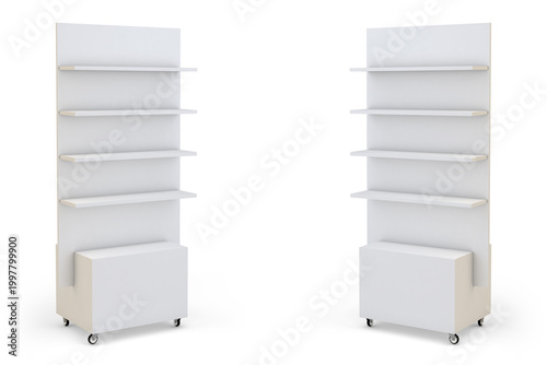3D Illustration of blank mobile retail shelving display stand mockup, isolated