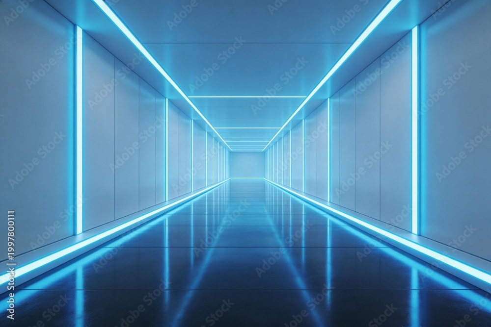 Obraz premium Long corridor with glowing blue lights