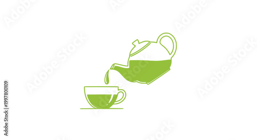 Green tea pouring from teapot into cup, simple line art illustration