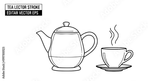 Hand-drawn tea pot and cup with steam, isolated on white background