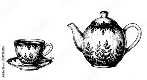 Hand-drawn sketch of a teapot and teacup with floral pattern