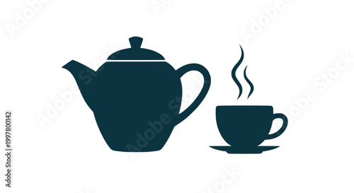 Hot Tea Icon: Teapot and Steaming Cup with Saucer Silhouette