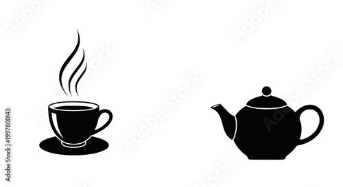 Hot Tea Cup and Teapot Silhouette Icon Set