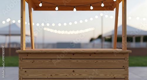 Wooden market stall with string lights, perfect for outdoor events and festivals.