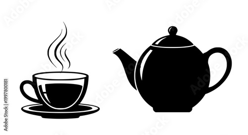 Hot tea in a cup and saucer with steam, next to a black teapot