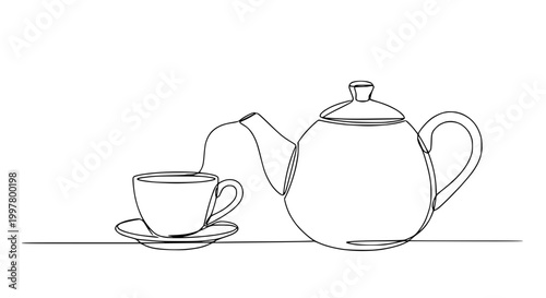 Minimalist Single Line Drawing: Teapot Pouring Tea into Cup