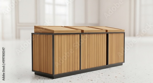 Wooden storage cabinet with three compartments and a modern design.