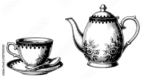 Vintage Tea Set Illustration: Teapot, Cup, Saucer, Spoon in Sketch Style