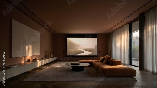 Ultra Minimalist Luxury Living Room With Warm LED Cove Lighting, Dark Herringbone Flooring, Modular Sofa And Bold Abstract Artwork In Monochrome Tones (AI-Generated)