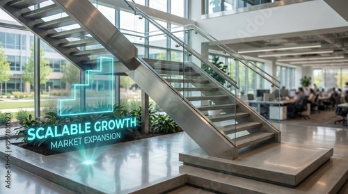 Modern office staircase with glowing digital graphic overlay illustrating scalable market expansion and growth