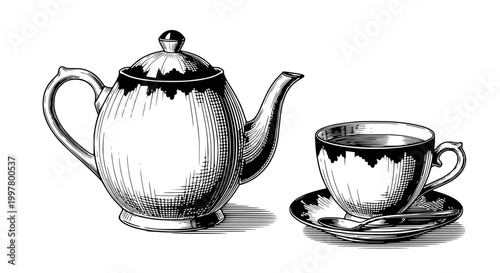 Vintage Teapot and Cup Illustration - Hand-Drawn Etching Style