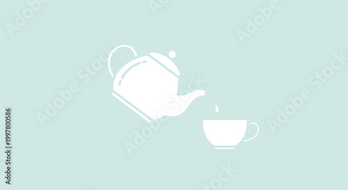 White Teapot Pouring Tea into Cup, Minimalist Design, Soft Blue Background