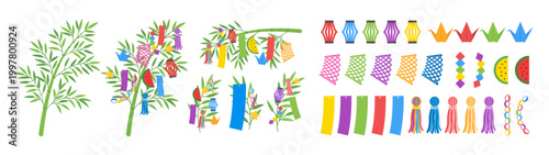 七夕の笹飾りイラストセット 短冊・吹き流し・折り紙飾り ベクター素材集