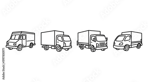 Dynamic delivery trucks illustrating various types of cargo vehicles in a minimalist design environment