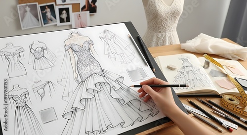 Fashion designer sketching wedding dresses