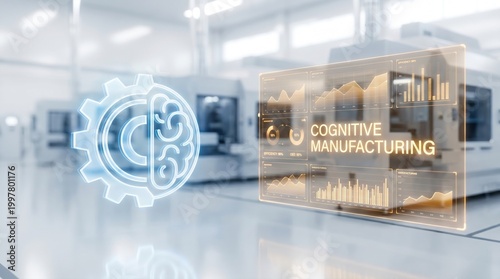 Cognitive Manufacturing Technology with AI Brain Icon and Data Analytics Interface in a Modern Factory Setting