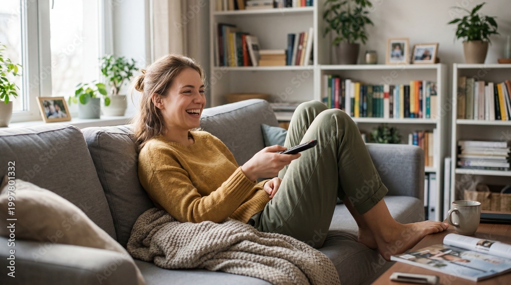 Obraz premium Happy young woman relaxing on the couch watching television at home
