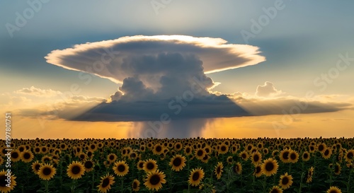 Sunflower field under lenticular cloud at sunset
