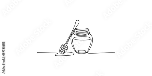 A line drawing of a honey jar with a honey dipper on a white surface, isolated on white background