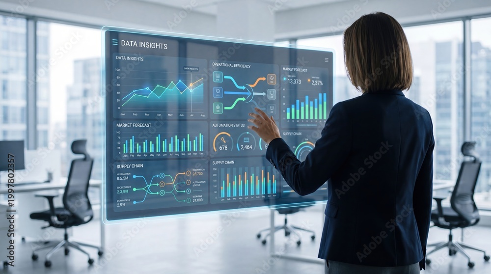 Obraz premium Businesswoman analyzing data insights on holographic display, corporate strategy planning in modern office, digital transformation concept, market forecast and supply chain
