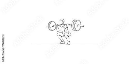 A person doing a squat with a barbell on their back in a gym setting with a minimalist line drawing style
