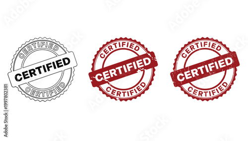 Three circular stamps with bold certified text in black red and dark red on a clean white background