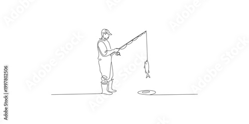 Continuous line drawing of a man fishing with a caught fish on the line standing on white background