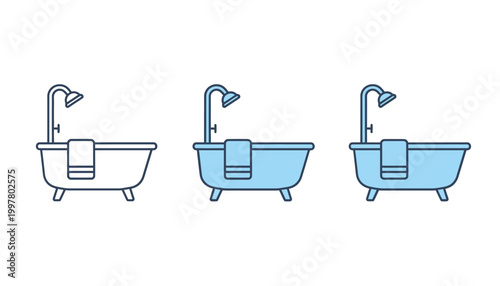 Three minimalist bathtub illustrations with showerheads towels and varying blue tones isolated on white background