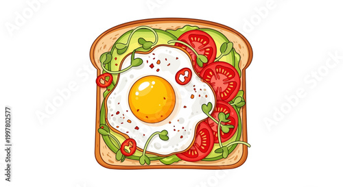 A slice of toast topped with avocado, a fried egg, and sliced tomatoes.