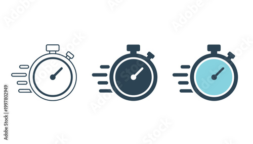 Three minimalist stopwatch icons displaying sleek designs with dark blue light blue and white faces against a clean background