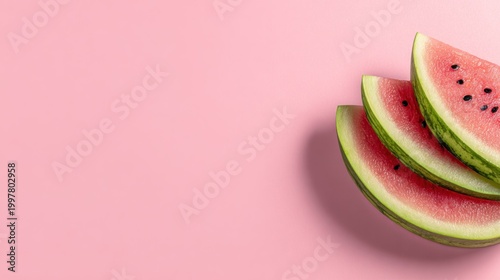Fresh watermelon slices on pink background with copy space summer food
