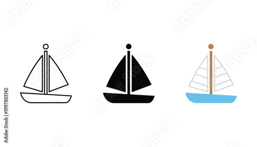 Three stylized sailboat icons in black white and blue with minimalist designs isolated on a clean background