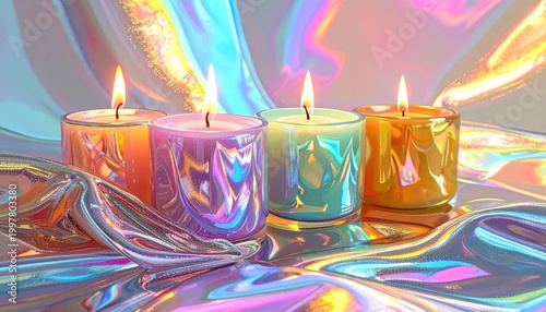 Four colorful candles burning with iridescent background.