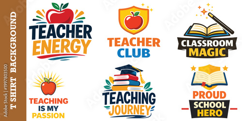 Teacher energy teacher club classroom magic proud school hero logos.