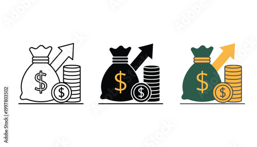 Three stylized money bags with dollar signs and coins in white black and green featuring upward arrows for growth