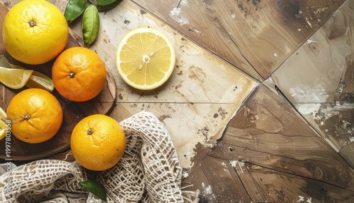 Fresh Oranges and Lemon Slices on Rustic Wooden Table.